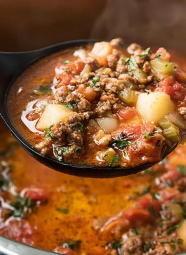 Delicious Instant Pot Hamburger Soup in a bowl topped with fresh herbs.