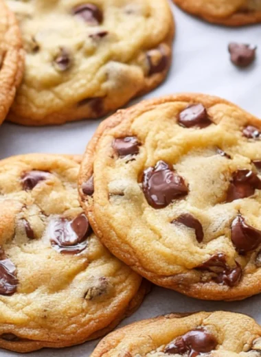 Freshly baked bakery style chocolate chip cookies on a plate