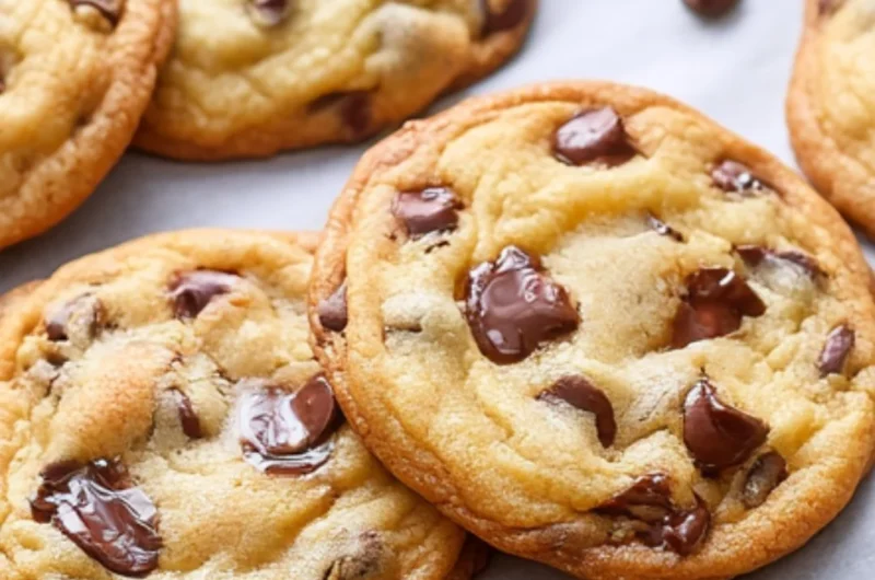 Freshly baked bakery style chocolate chip cookies on a plate