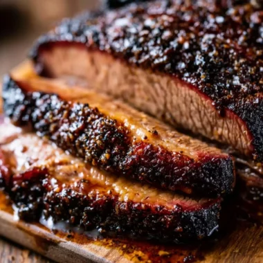 Oven baked beef brisket prepared in Texas style, showcasing tender meat and rich flavors.