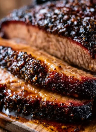 Oven baked beef brisket prepared in Texas style, showcasing tender meat and rich flavors.