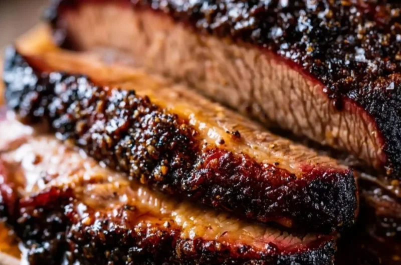Oven baked beef brisket prepared in Texas style, showcasing tender meat and rich flavors.