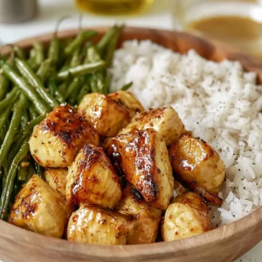 Delicious honey mustard chicken bowl with colorful vegetables and grains