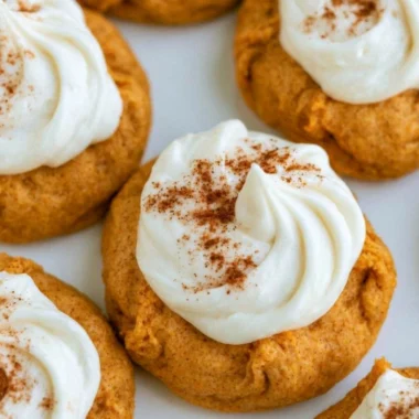 Pumpkin cookies with cream cheese frosting on a cooling rack
