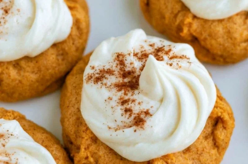 Pumpkin cookies with cream cheese frosting on a cooling rack