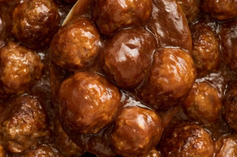 Slow Cooker Salisbury Steak Meatballs served on a plate with gravy and vegetables.