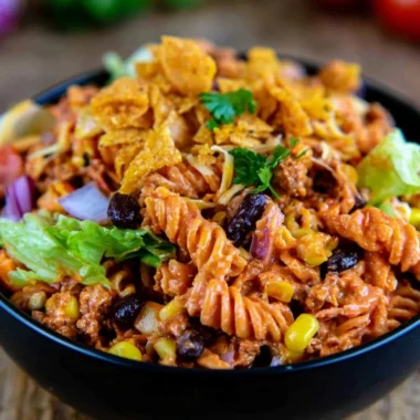 Colorful Taco Pasta Salad served in a bowl with fresh toppings