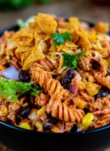 Colorful Taco Pasta Salad served in a bowl with fresh toppings