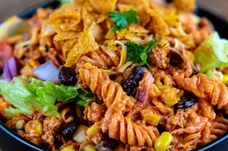 Colorful Taco Pasta Salad served in a bowl with fresh toppings