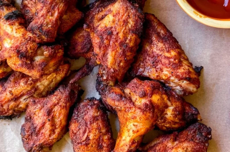 Delicious Traeger smoked chicken wings ready to serve at a backyard barbecue.