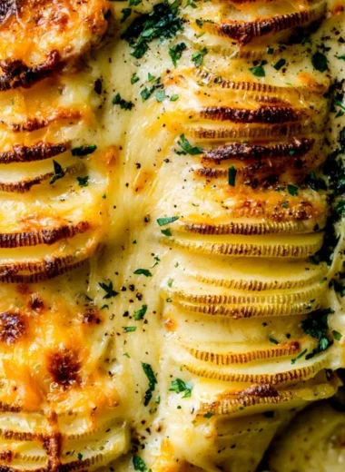 Cozy cheesy scalloped potatoes baked to perfection in a creamy sauce.