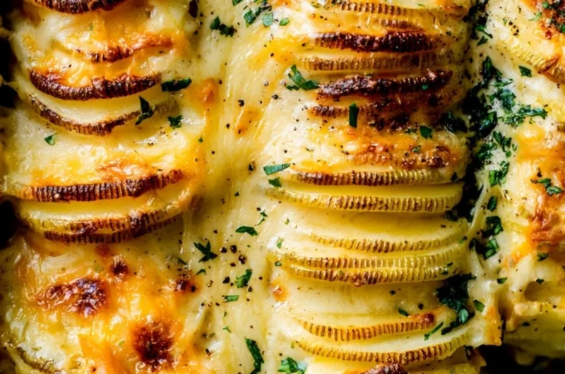 Cozy cheesy scalloped potatoes baked to perfection in a creamy sauce.