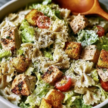 Cozy Chicken Caesar Pasta Salad with fresh ingredients and dressing