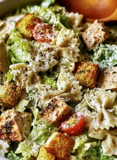 Cozy Chicken Caesar Pasta Salad with fresh ingredients and dressing