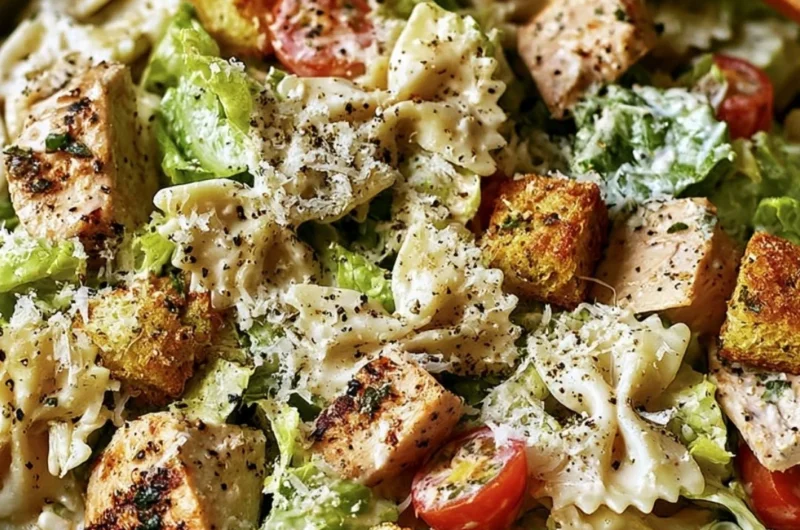 Cozy Chicken Caesar Pasta Salad with fresh ingredients and dressing