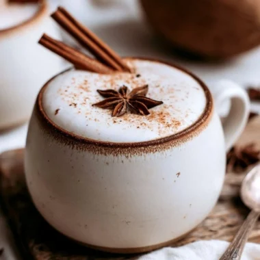 A cozy cup of homemade coconut chai topped with spices.