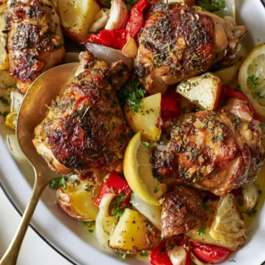 Delicious Greek chicken with potatoes served on a plate