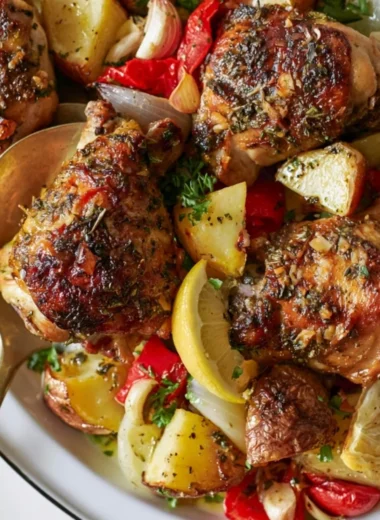 Delicious Greek chicken with potatoes served on a plate
