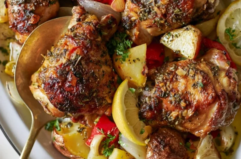 Delicious Greek chicken with potatoes served on a plate