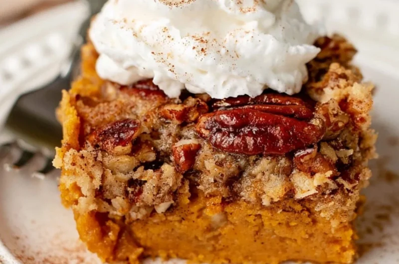 Homemade cozy pumpkin dump cake served with whipped cream