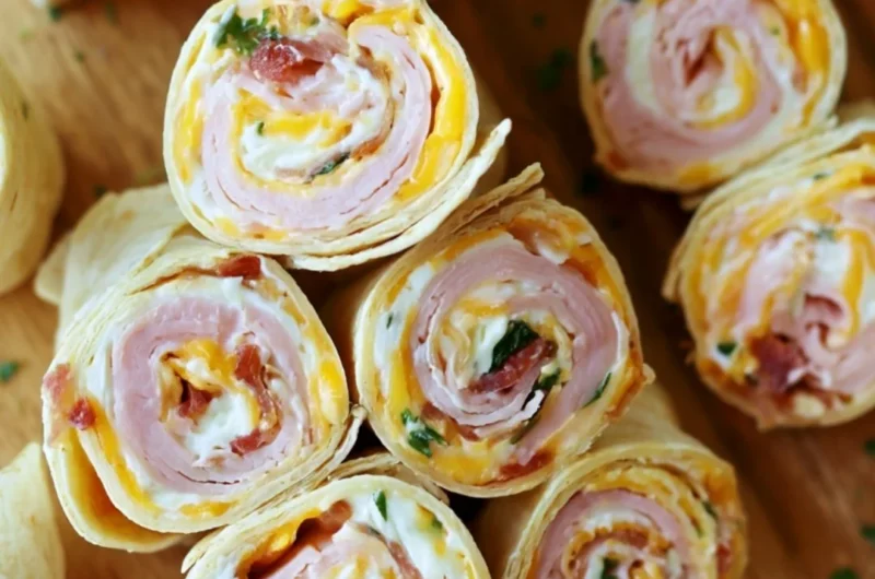 Turkey Bacon Cheese Pinwheels served on a platter with fresh vegetables