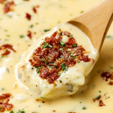 Bowl of creamy baked potato soup topped with chives and cheese