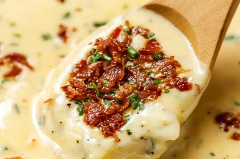 Bowl of creamy baked potato soup topped with chives and cheese