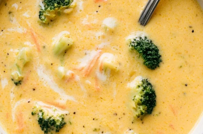 Bowls of creamy Broccoli Cheddar Soup garnished with fresh broccoli and cheese.