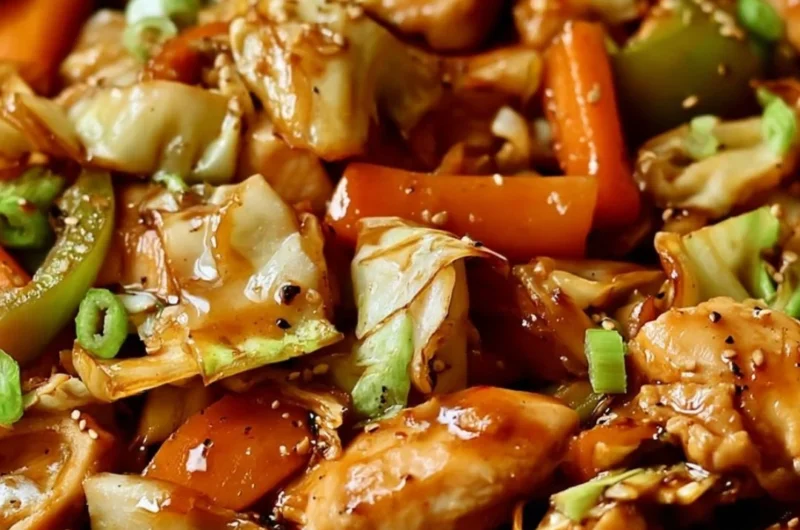 A vibrant Chicken Cabbage Stir-Fry featuring colorful vegetables and tender chicken pieces.