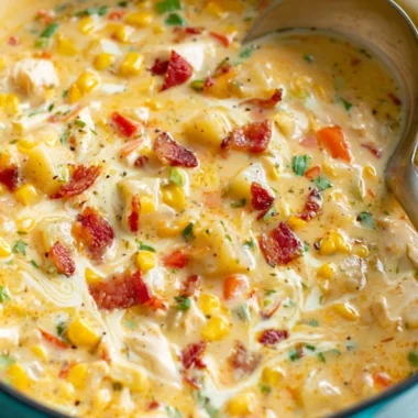 Bowl of delicious Chicken Corn Chowder garnished with herbs and served hot