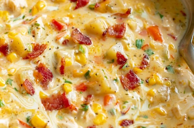 Bowl of delicious Chicken Corn Chowder garnished with herbs and served hot