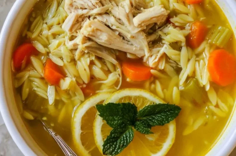 Bowl of Chicken Lemon Orzo Soup with fresh herbs and lemon slices
