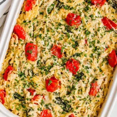 Delicious Chicken Orzo Bake in a baking dish, ready to serve.