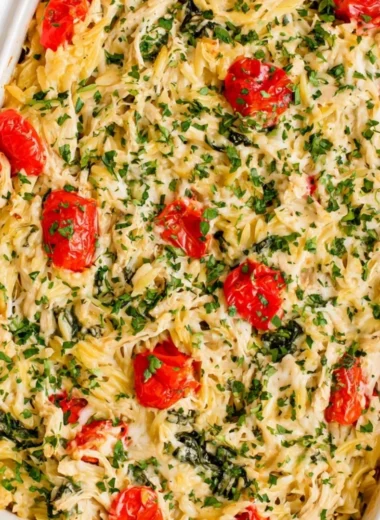 Delicious Chicken Orzo Bake in a baking dish, ready to serve.