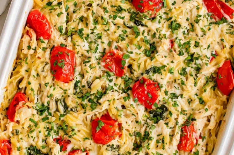 Delicious Chicken Orzo Bake in a baking dish, ready to serve.