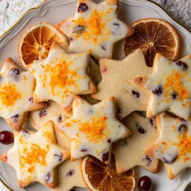 Cranberry Orange Shortbread Cookies on a plate with orange zest and cranberries