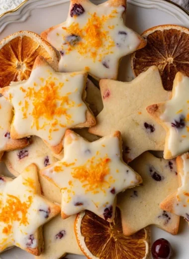 Cranberry Orange Shortbread Cookies on a plate with orange zest and cranberries