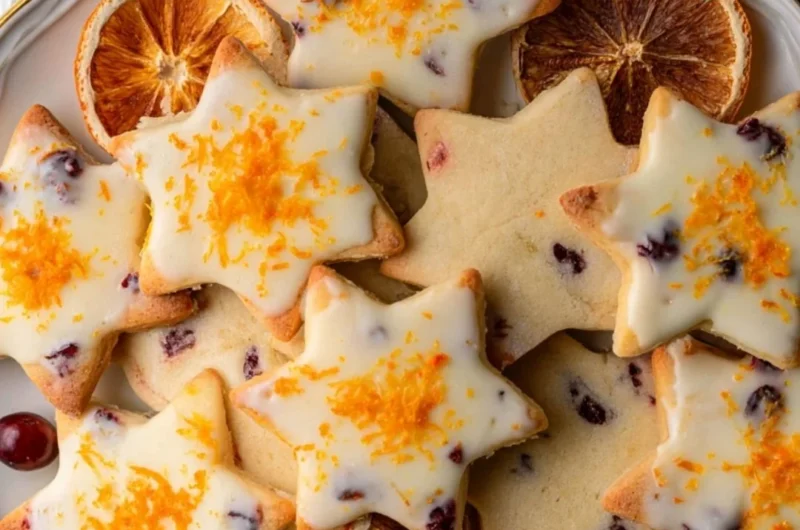 Cranberry Orange Shortbread Cookies on a plate with orange zest and cranberries