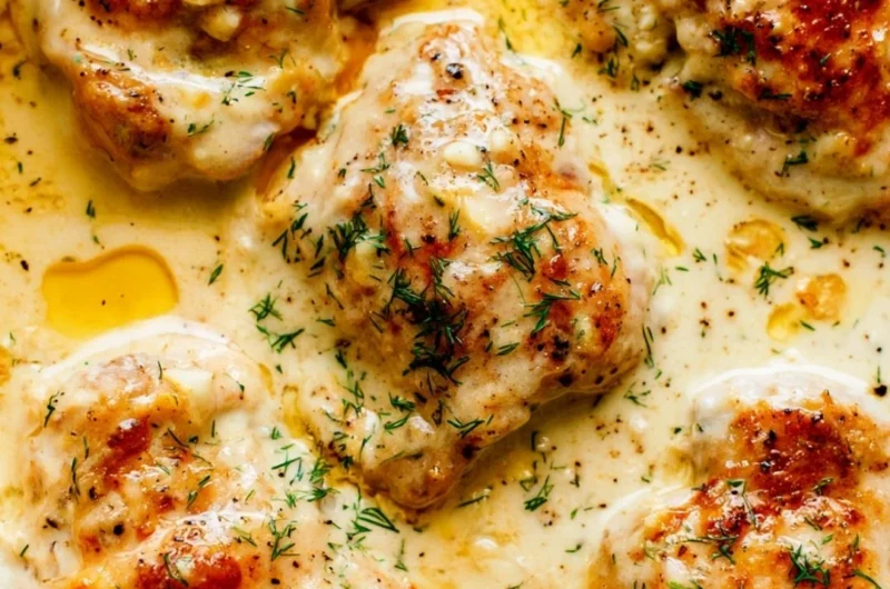 Creamy oven baked chicken thighs fresh from the oven, garnished and ready to serve.