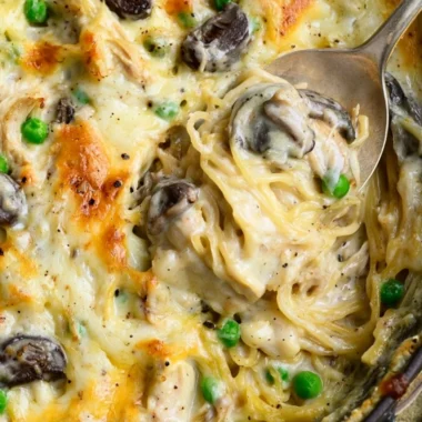 Creamy chicken tetrazzini casserole with pasta and vegetables