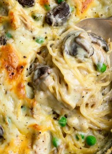 Creamy chicken tetrazzini casserole with pasta and vegetables