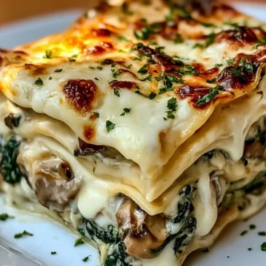 Delicious creamy spinach mushroom lasagna served on a plate