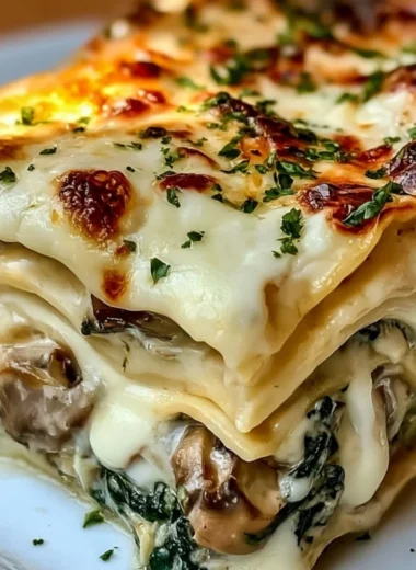 Delicious creamy spinach mushroom lasagna served on a plate