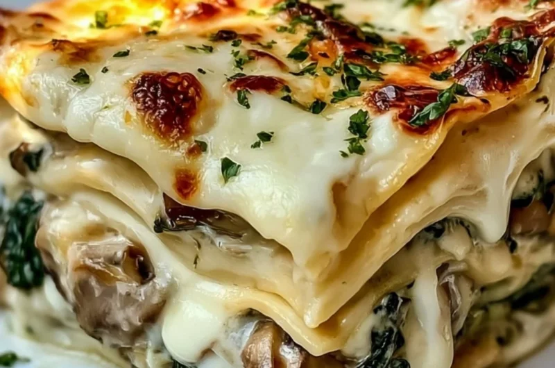Delicious creamy spinach mushroom lasagna served on a plate