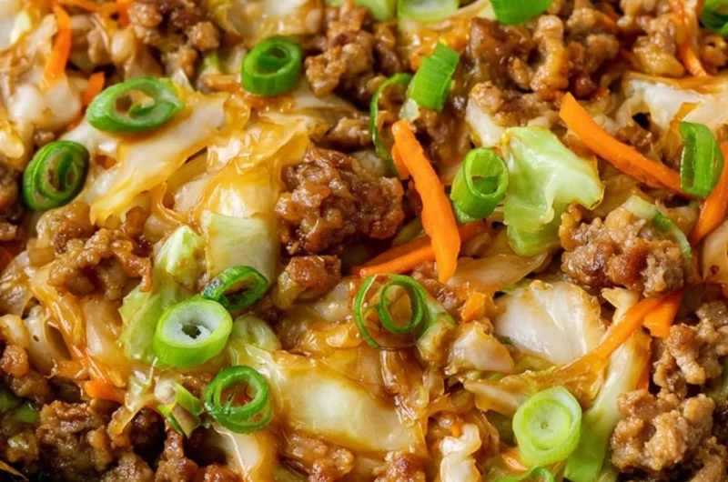 Healthy egg roll in a bowl with vibrant vegetables and savory sauce