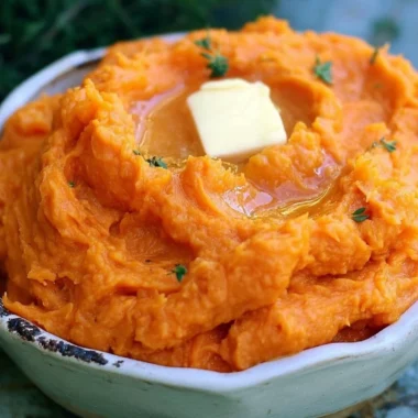 Fluffy mashed sweet potatoes served as a side dish with wooden spoon.
