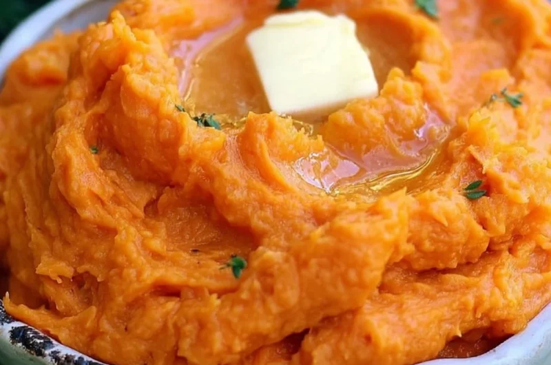 Fluffy mashed sweet potatoes served as a side dish with wooden spoon.