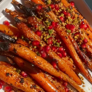 Plate of honey-balsamic roasted carrots garnished with fresh herbs