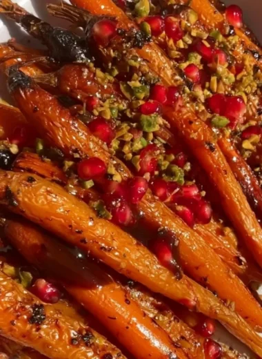 Plate of honey-balsamic roasted carrots garnished with fresh herbs
