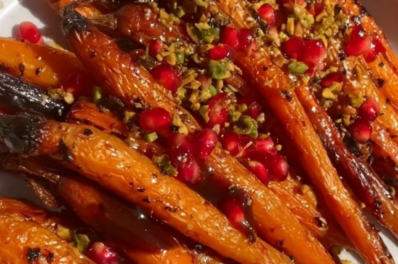 Plate of honey-balsamic roasted carrots garnished with fresh herbs